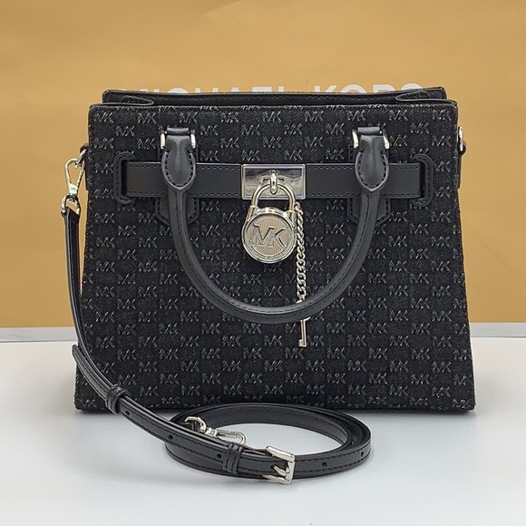 Michael Kors Hamilton Small Logo Embossed Washed Denim Satchel black color - Picture 9 of 15